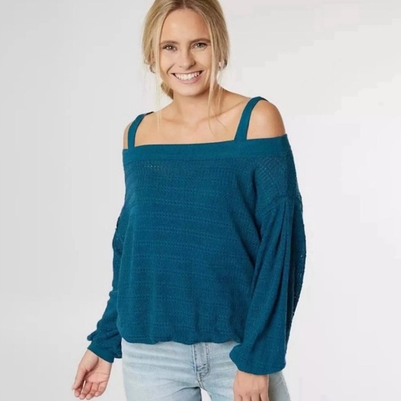 FREE PEOPLE • Teal Off-Shoulder Sistine Hacci Sweater Cold-Shoulder Top - Picture 9 of 9